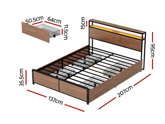 Artiss Metal Bed Frame Double Size with 2-Tier Storage Headboard Metal Platform with 4 Storage Drawers Built in Charging Station & LED Noise-Free/Metal Support/No Box Spring Needed Vintage Brown