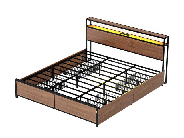 Artiss Metal Bed Frame King Size with 2-Tier Storage Headboard Metal Platform with 4 Storage Drawers Built in Charging Station & LED Noise-Free/Metal Support/No Box Spring Needed Vintage Brown