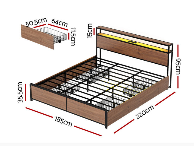 Artiss Metal Bed Frame King Size with 2-Tier Storage Headboard Metal Platform with 4 Storage Drawers Built in Charging Station & LED Noise-Free/Metal Support/No Box Spring Needed Vintage Brown
