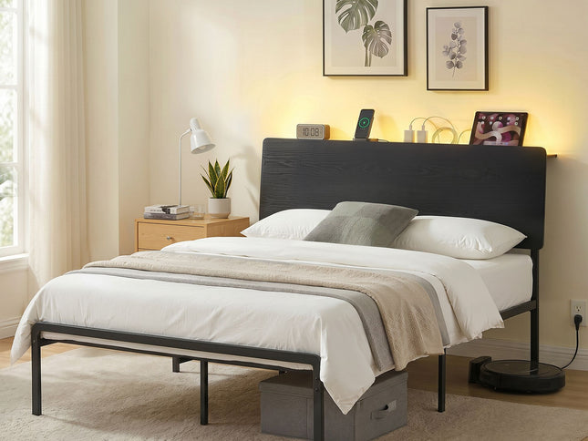 Artiss Bed Frame Queen Size LED Metal Bed Base with Charging Station LAN
