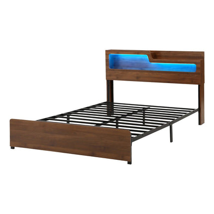 Artiss Queen Bed Frame Metal with Charging Station LED Light Storage Shelf
