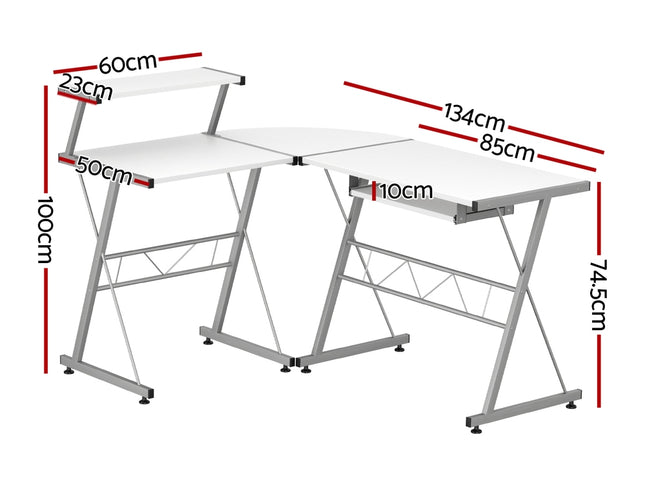 Artiss Computer Desk L-Shape Keyboard Tray Shelf White