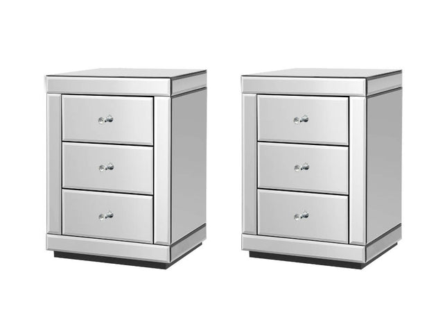 Artiss Set of 2 Bedside Table 3 Drawers Mirrored Glass - PRESIA Silver