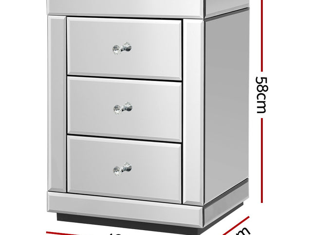 Artiss Set of 2 Bedside Table 3 Drawers Mirrored Glass - PRESIA Silver