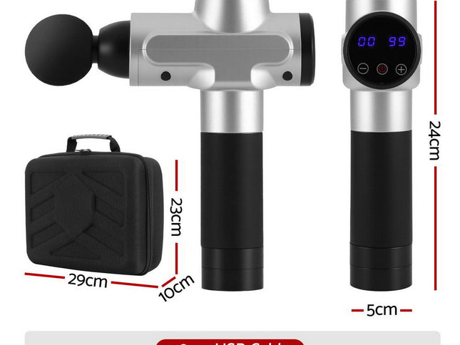 Everfit Massage Gun 30 Speed 6 Heads Vibration Muscle Massager Chargeable Silver
