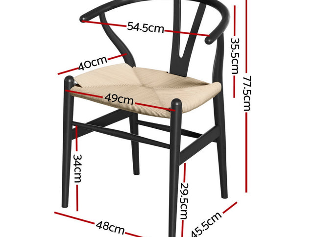1 Set of 2 Artiss Dining Chairs Wooden Rattan Wishbone Black