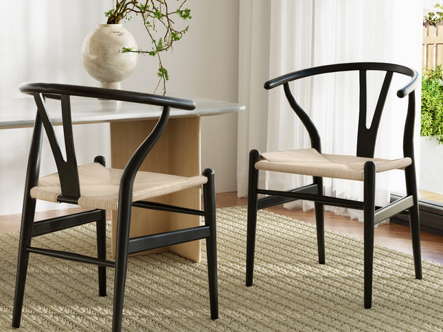 1 Set of 2 Artiss Dining Chairs Wooden Rattan Wishbone Black