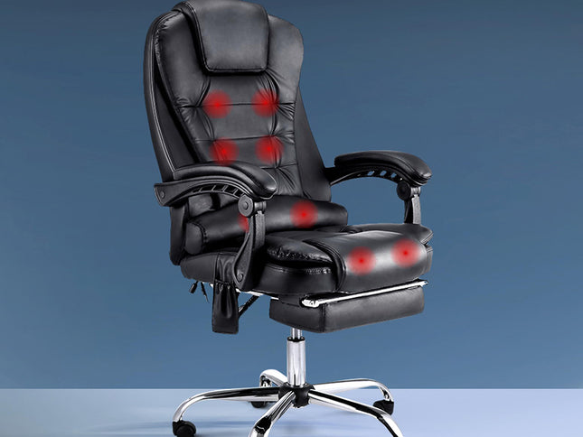 Artiss 8 Point Massage Office Chair PU Leather Footrest Black