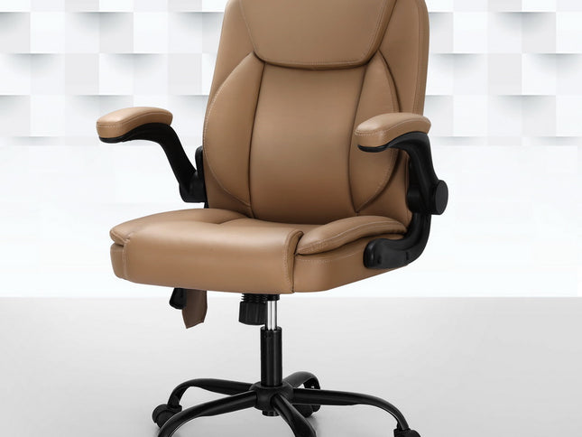 Artiss 2 Point Massage Office Chair Leather Mid Back Brown