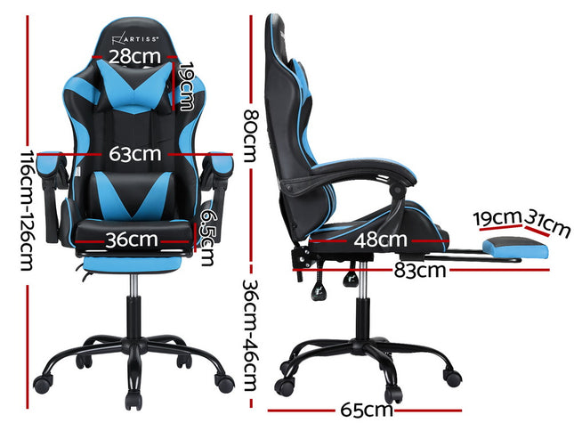 Artiss 2 Point Massage Gaming Office Chair Footrest Cyan Blue