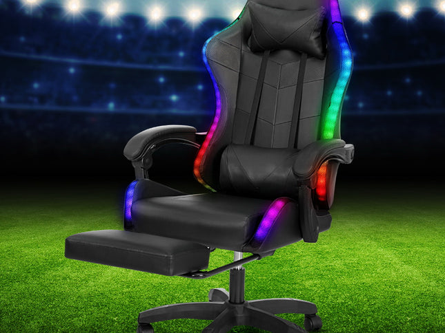 Artiss 6 Point Massage Gaming Office Chair 7 LED Footrest Black