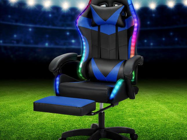 Artiss 6 Point Massage Gaming Office Chair 7 LED Footrest Blue