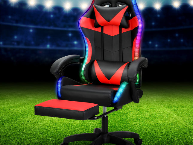 Artiss 6 Point Massage Gaming Office Chair 7 LED Footrest Red