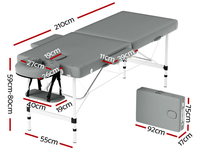 Zenses Massage Table 55cm Portable 2 Fold Aluminium Beauty Bed Grey