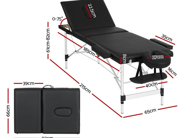 Zenses Massage Table 65cm Portable 3 Fold Aluminium Beauty Bed Black