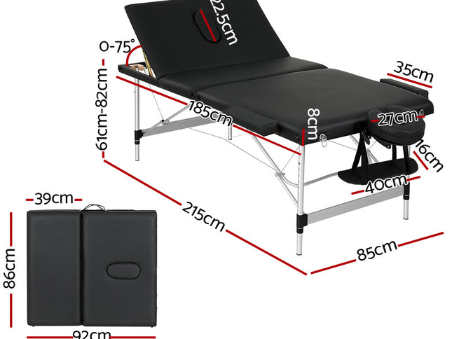 Zenses Massage Table 85cm Portable 3 Fold Aluminium Beauty Bed Black