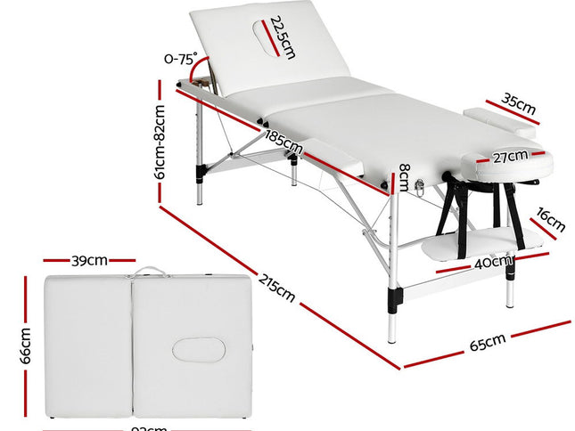 Zenses Massage Table 65cm Portable 3 Fold Aluminium Beauty Bed White