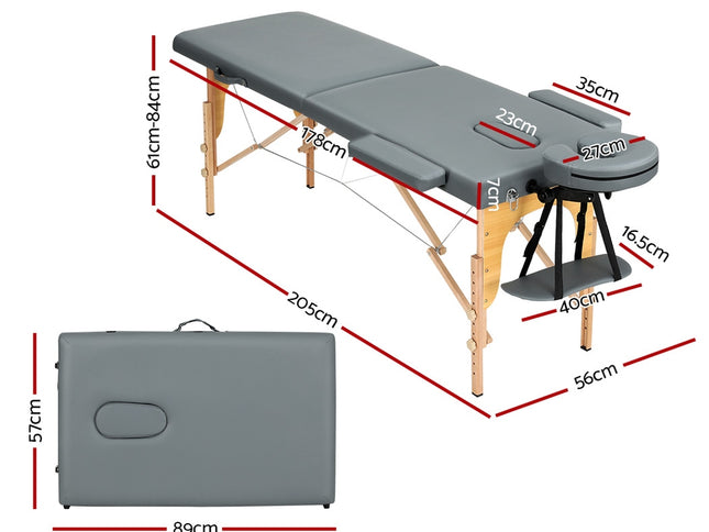 Zenses Massage Table 56cm Portable 2 Fold Wooden Beauty Bed Grey