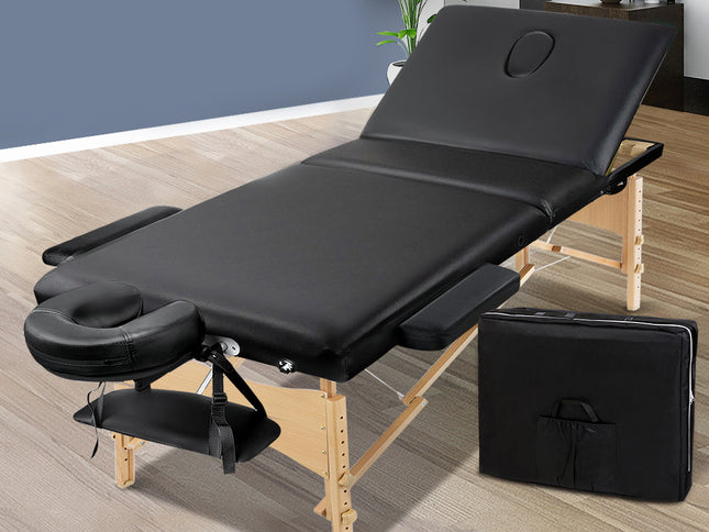 Zenses Massage Table 75cm Portable 3 Fold Wooden Beauty Bed Black