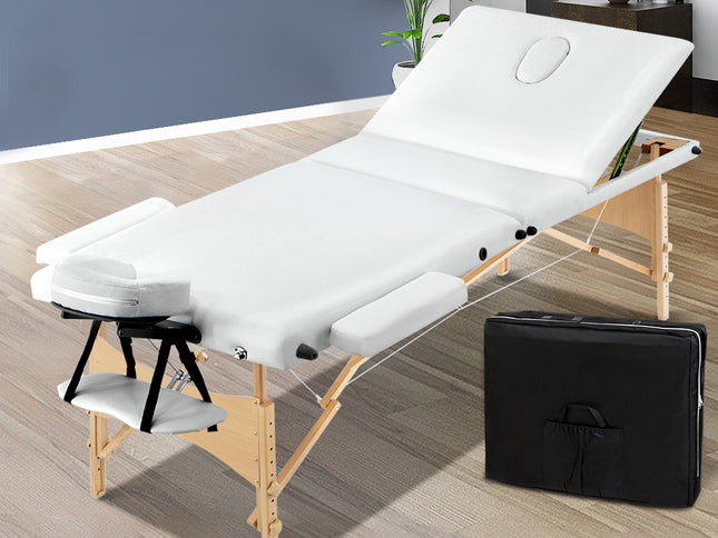 Zenses Massage Table 70cm Portable 3 Fold Wooden Beauty Bed White