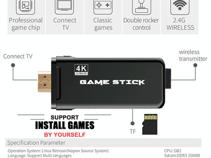 64Gb 4K Retro Game Stick + 2 Wireless Gamepads & 10 000+ Pre-Installed Games-1915198063752908807