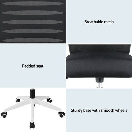 Artiss Ergonomic Office Chair Mesh Computer Desk Chairs with Lumbar Support, Height Adjustment Swivel Chair Mid Back for Home Office Study, Black and White