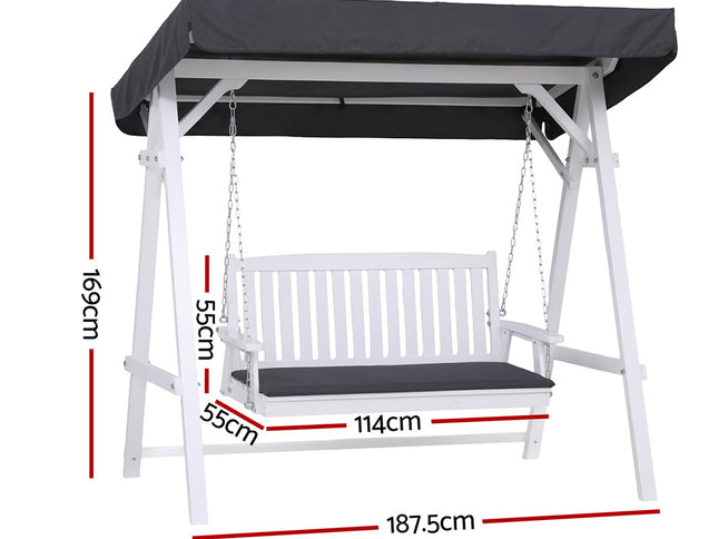 Gardeon Outdoor Wooden Swing Chair Garden Bench Canopy Cushion 3 Seater White