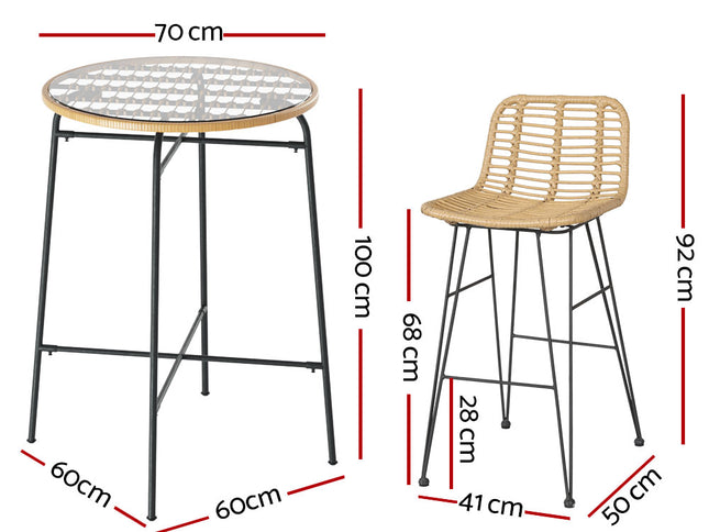 Gardeon 3-Piece Outdoor Bar Set Wicker Table Chairs Patio Bistro