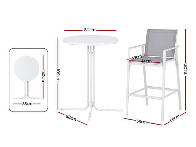 Gardeon 3PC Outdoor Bar Set Stools Dining Chairs Table Patio Furniture Bistro Set Steel White