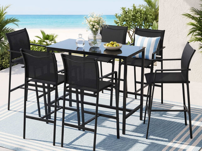 Gardeon 7PCS Outdoor Bar Set Stools Dining Chairs Table Patio Steel Bistro Set Black