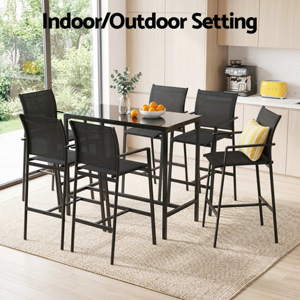 Gardeon 7PCS Outdoor Bar Set Stools Dining Chairs Table Patio Steel Bistro Set Black