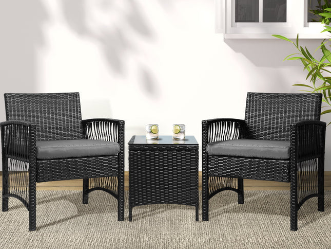 Gardeon 3PC Outdoor Bistro Set Patio Furniture Wicker Dining Chairs Table Cushion Black
