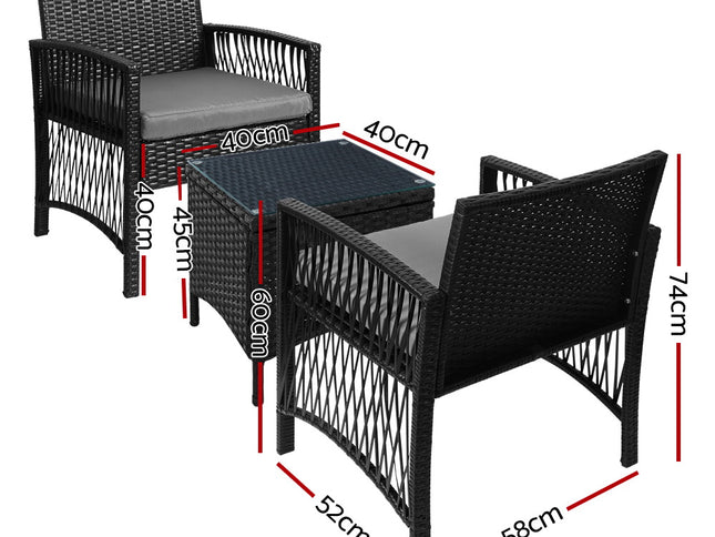 Gardeon 3PC Outdoor Bistro Set Patio Furniture Wicker Dining Chairs Table Cushion Black