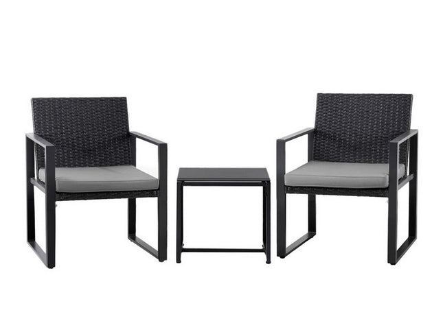Gardeon 3PC Outdoor Bistro Set Patio Furniture Wicker Dining Chairs Table Cushion Black