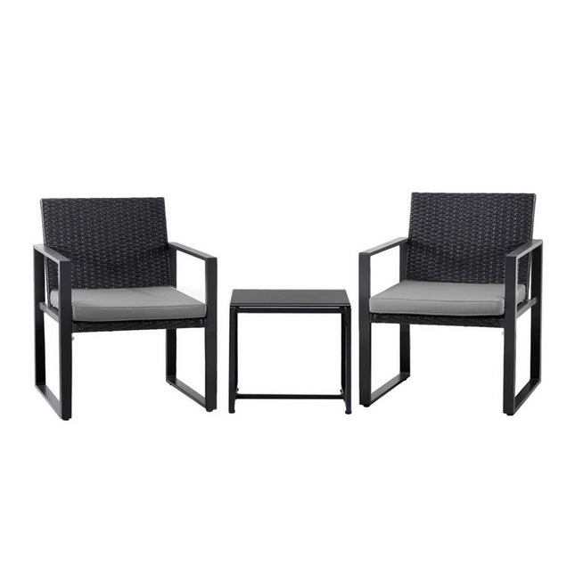 Gardeon 3PC Outdoor Bistro Set Patio Furniture Wicker Dining Chairs Table Cushion Black