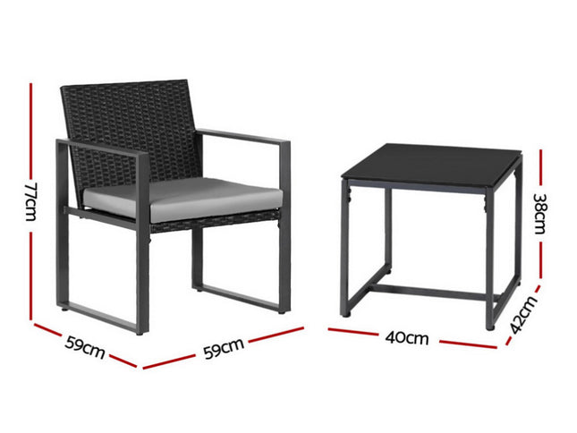 Gardeon 3PC Outdoor Bistro Set Patio Furniture Wicker Dining Chairs Table Cushion Black