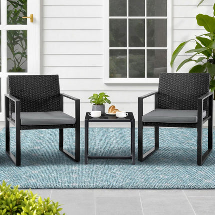 Gardeon 3PC Outdoor Bistro Set Patio Furniture Wicker Dining Chairs Table Cushion Black