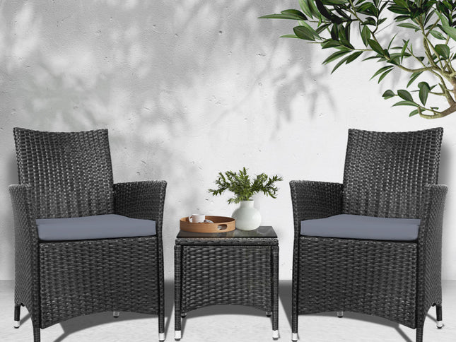 Gardeon 3PC Outdoor Bistro Set Patio Furniture Wicker Chairs Table Cushion All Black