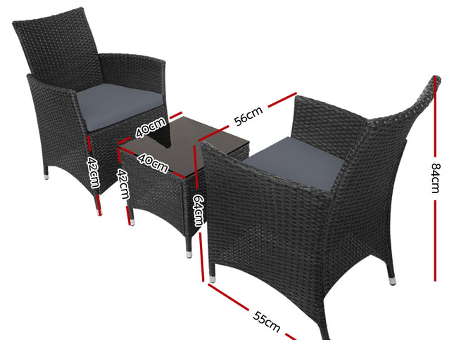 Gardeon 3PC Outdoor Bistro Set Patio Furniture Wicker Chairs Table Cushion All Black