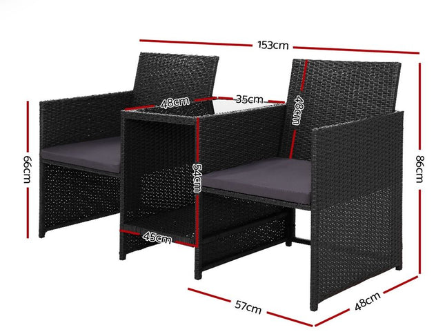 Gardeon Outdoor Setting Wicker Loveseat Birstro Set Patio Garden Furniture Black