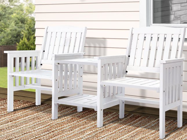 Gardeon Outdoor Garden Bench Loveseat Wooden Table Chairs Patio Furniture White