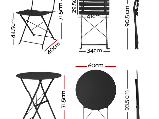 Gardeon 3PC Outdoor Bistro Set Steel Table and Chairs Patio Furniture Black