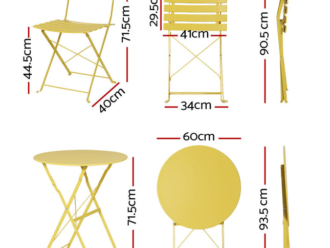 Gardeon 3PC Outdoor Bistro Set Steel Table and Chairs Patio Furniture Yellow