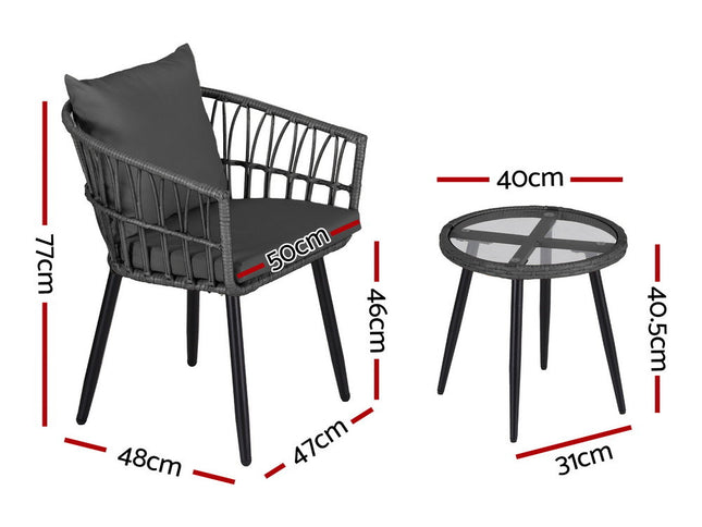 Gardeon 3PC Outdoor Bistro Set Patio Furniture Lounge Setting Table and Chairs Grey