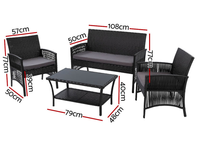 Gardeon 4PCS OutdoorSofa Set with Storage Cover Wicker Harp Chair Table Black