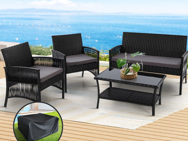 Gardeon 4PCS OutdoorSofa Set with Storage Cover Wicker Harp Chair Table Black