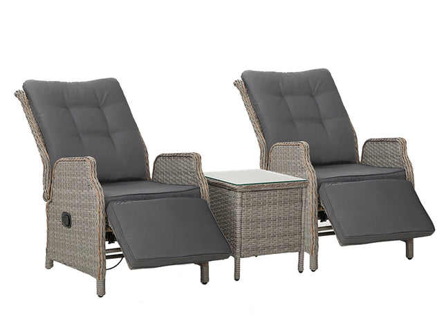 Gardeon 3PC Recliner Chairs Table Sun lounge Outdoor Furniture Wicker Adjustable Grey
