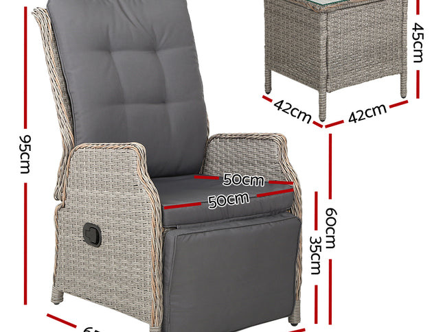 Gardeon 3PC Recliner Chairs Table Sun lounge Outdoor Furniture Wicker Adjustable Grey