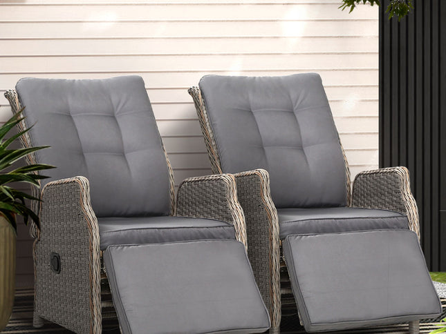 Gardeon 2PC Recliner Chairs Sun lounge Wicker Lounger Outdoor Furniture Adjustable Grey