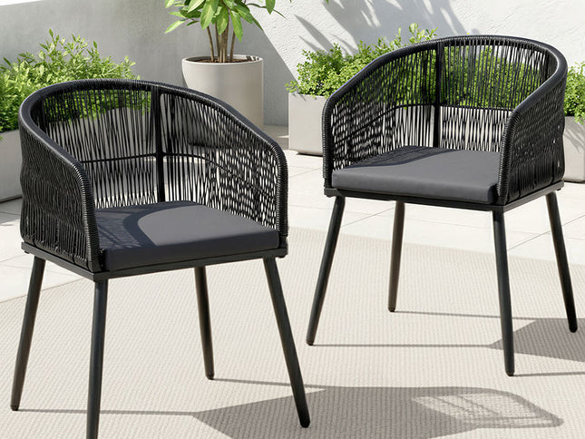 Gardeon 2PC Outdoor Dining Chairs Wicker Chair Patio Furniture Garden Steel Black